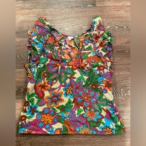 Jennifer Grace Colorful Boho Ruffle Sleeve Cotton Top ~ L ~